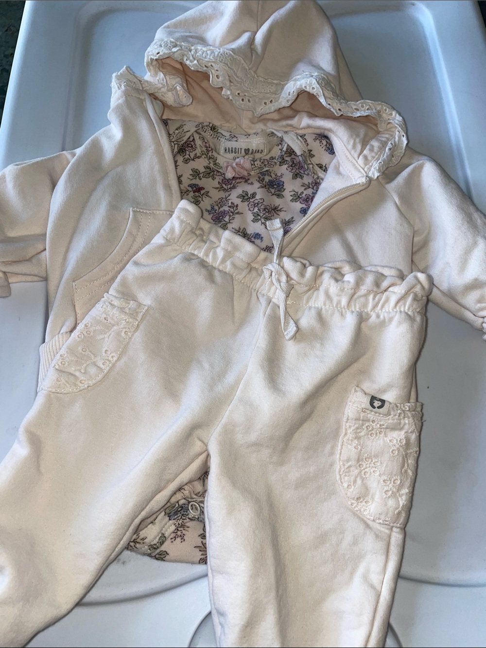 Rabbit Skins Cream Baby Hoodie and Pants Set with Floral Lining